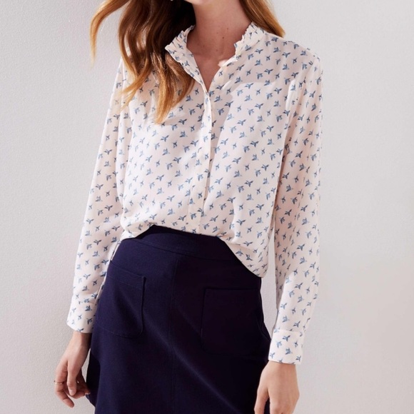 LOFT Tops - Loft Ruffle Utility Bird Print Button Down Blouse